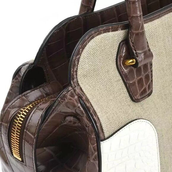 Auth TOD’S Handbag Shoulder Bag Brown/White Embossed Leather/Canvas - Picture 11 of 13